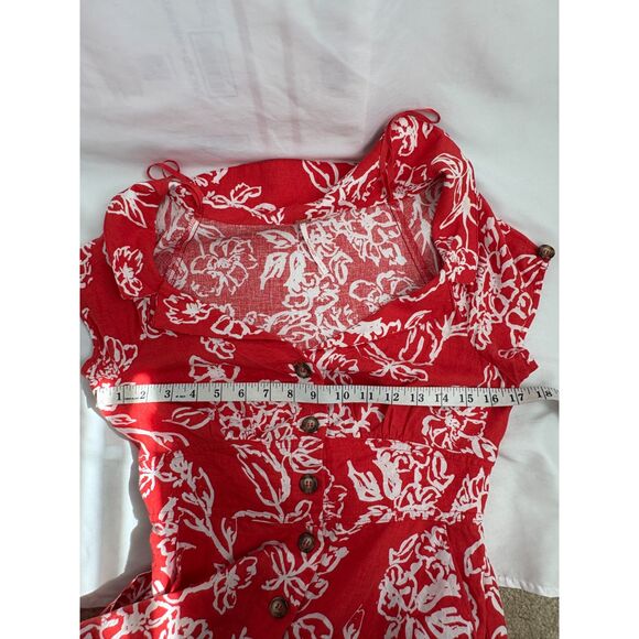 Free People Linen Red Floral Dress Size 6 Button Front Cottagecore Prairie Cute - Picture 10 of 11